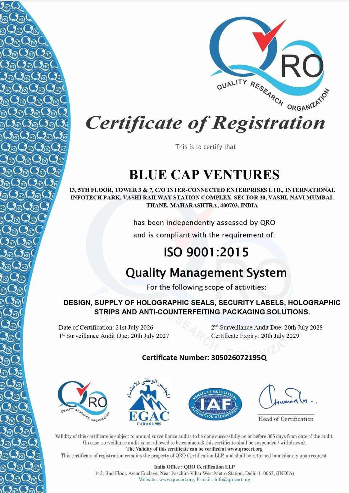 ISO 9001-2015 Certificate - Holoseal, A Flagship Brand of Blue Cap Ventures